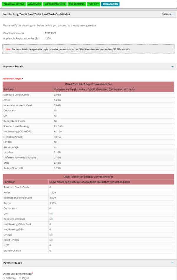 CAT Application Payment Method