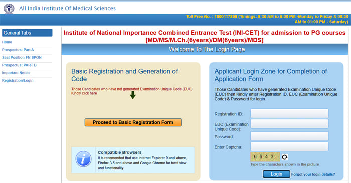 INI CET - Proceed to Basic Registration Form